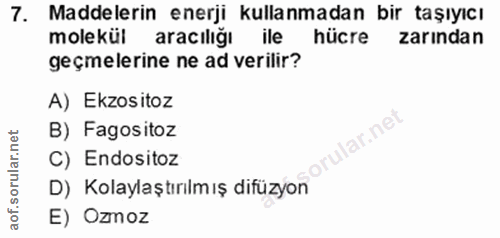 7. soru: Maddelerin enerji kullanmadan bir taşıyıcı molekül aracılığı ile hücre zarindan geçmelerine ne ad verilir? A) Ekzosit…
