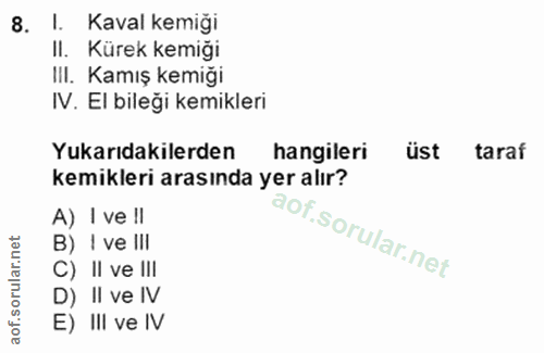 8. soru: I. Kaval kemiği II. Kürek kemiği III. Kamış kemiği IV. El bileği kemikleri Yukarıdakilerden hangileri üst taraf kemik…