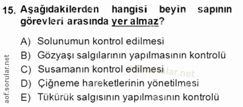 15. soru: Aşağıdakilerden hangisi beyin sapının görevleri arasında yer almaz? A) Solunumun kontrol edilmesi B) Gözyaşı salgılar…