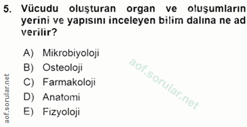 5. soru: Vücudu oluşturan organ ve oluşumların yerini ve yapısını inceleyen bilim dalına ne ad verilir? A) Mikrobiyoloji B) Os…