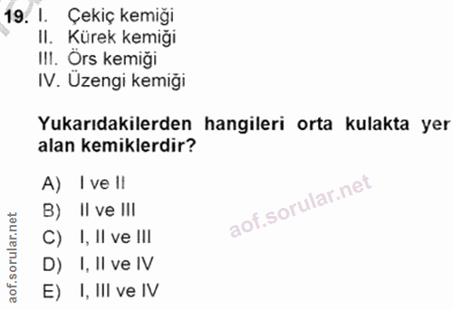 19. soru: I. Çekiç kemiği II. Kürek kemiği III. Örs kemiği IV. Üzengi kemiği Yukarıdakilerden hangileri orta kulakta yer alan k…