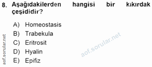 8. soru: Aşağıdakilerden hangisi bir kıkırdak çeşididir? A) Homeostasis B) Trabekula orular.net C) Eritrosit D) Hyalin aof. E)…