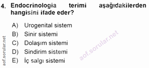 4. soru: Endocrinologia terimi aşağıdakilerden hangisini ifade eder? A) Urogenital sistem B) Sinir sistemi C) Dolaşım sistemi…
