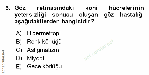 6. soru: Goz retinasındaki koni hücrelerinin yetersizliği sonucu oluşan göz hastalığı aşağıdakilerden hangisidir? A) Hipermetr…