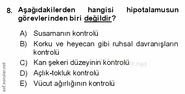 8. soru: Aşağıdakilerden hangisi hipotalamusun görevlerinden biri değildir? A) Susamanın kontrolü B) Korku ve heyecan gibi ruh…