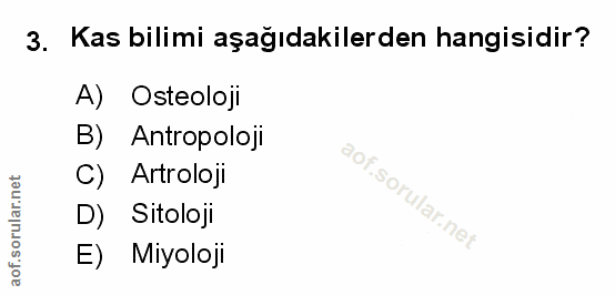 3. soru: Kas bilimi aşağıdakilerden hangisidir? A) Osteoloji B) Antropoloji C) Artroloji D) Sitoloji E) Miyoloji