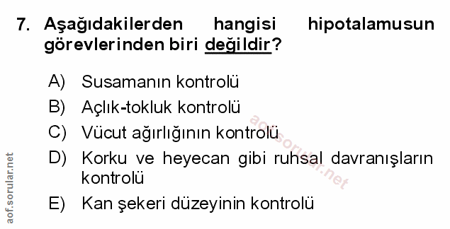 7. soru: Aşağıdakilerden hangisi hipotalamusun görevlerinden biri değildir? A) Susamanın kontrolu B) Açlık-tokluk kontrolü C)…