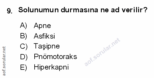 9. soru: Solunumun durmasina ne ad verilir? A) Apne B) Asfiksi C) Taşipne D) Pnömotoraks E) Hiperkapni