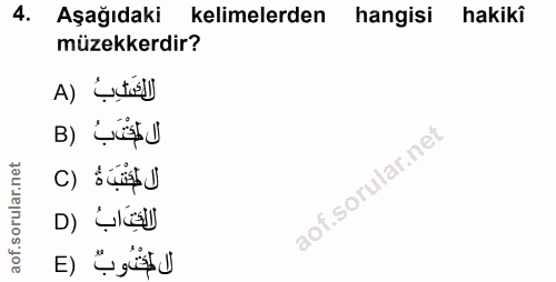 4. soru: Aşağıdaki kelimelerden hangisi hakiki müzekkerdir? لاكَعَلِبُ ( A B) C) D) لالمُتُوبٌ (E
