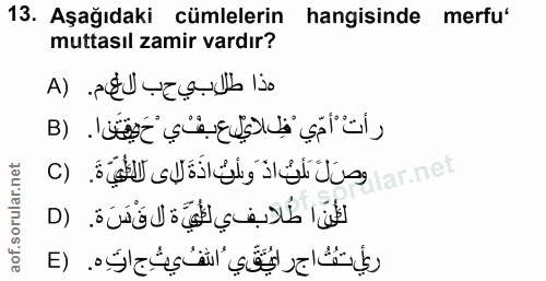 13. soru: Aşağıdaki cümlelerin hangisinde merfu' muttasıl zamir vardır? هذا طلابي حب لاهم. (A رأت أمّي ظلايعبفي حَيقنا. (B C) D…