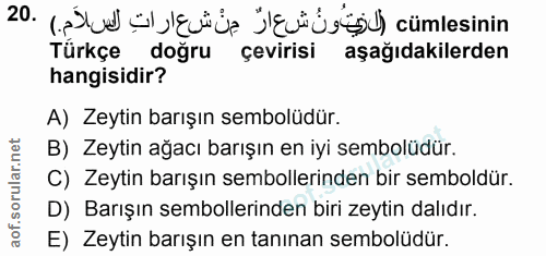 20. soru: çümeinin Türkçe doğru çevirisi aşağıdakilerden hangisidir? A) Zeytin barışın sembolüdür. B) Zeytin ağacı barışın en i…