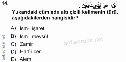 14. soru: Yukarıdaki cümlede altı çizili kelimenin türü, aşağıdakilerden hangisidir? A) İsm-i işaret B) İsm-i mevsûl C) Zamir D…