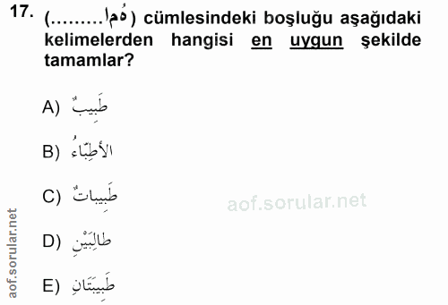 17. soru: ...... på) cümlesindeki boşluğu aşağıdaki kelimelerden hangisi en uygun şekilde tamamlar? A) ümb الأَطِبَاءُ (B طبِيب…