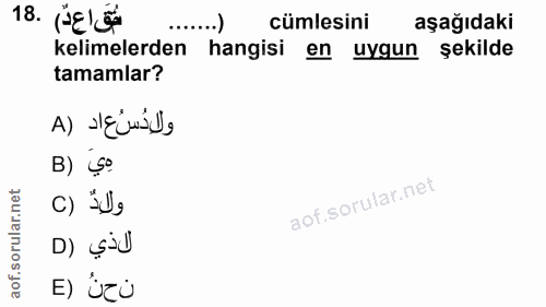18. soru: حُقَ اع دٌ) .18 cümlesini aşağıdaki kelimelerden hangisi en uygun şekilde tamamlar? ولادُسُعاد (A B) ișº ولادٌ (C لاذ…