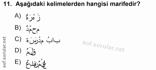11. soru: Aşağıdaki kelimelerden hangisi marifedir? A) Öj° j B) #ze بابُ مدرسَة (C D) E) §Lëř¿