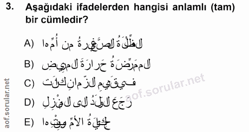3. soru: Aşağıdaki ifadelerden hangisi anlamlı (tam) bir cümledir? لافَّلَةُ لصَّ غيرةُ من أُمّها (A الام مَرِّضَةٌ حَرارَةَ ل…