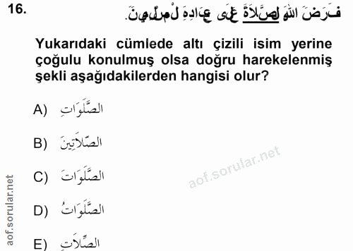 16. soru: فرَضَ اللّهَ لصَّ لاَةَ علَى عَادِهَ لْمرل فينَ. Yukarıdaki cümlede altı çizili isim yerine çoğulu konulmuş olsa doğr…