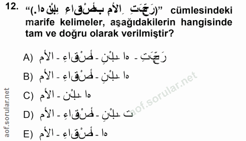 12. soru: 12 "bd süsadl süü)" cümlesindeki marife kelimeler, aşağıdakilerin hangisinde tam ve doğru olarak verilmiştir? رَجَّتِ…