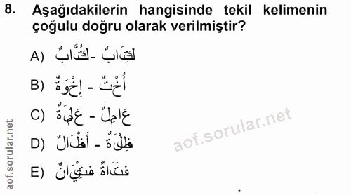 8. soru: Aşağıdakilerin hangisinde tekil kelimenin çoğulu doğru olarak verilmiştir? A) إخْوَةٌ (B أخْتٌ - عَامِلٌ - عَلَهَةْ (…