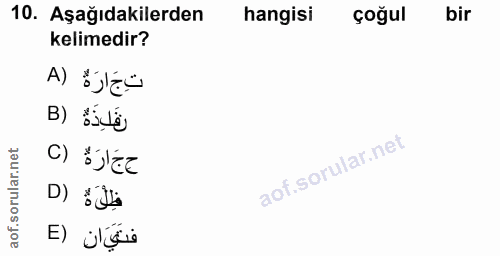 10. soru: Aşağıdakilerden hangisi çoğul bir kelimedir? تِجَ ارَةٌ (A رقَلِدَةُ ( B حجَ ارَةٌ (C D) *ju فتَيَ ان (E