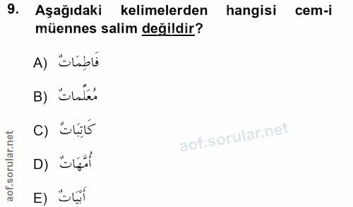 9. soru: Aşağıdaki kelimelerden hangisi cem-i müennes salim değildir? فَاطِمَاتٌ (A B) Elates c) Sựú أُمَّهَاتٌ (D E) śỰí