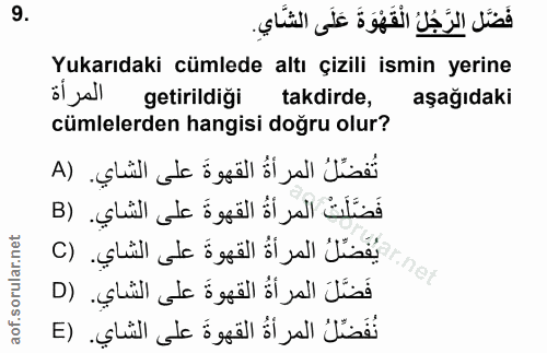 9. soru: Yukarıdaki cümlede altı çizili ismin yerine öl all getirildiği takdirde, aşağıdaki cümlelerden hangisi doğru olur? تُ…