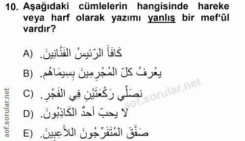 10. soru: Aşağıdaki cümlelerin hangisinde hareke veya harf olarak yazımı yanlış bir mef'ûl vardır? net