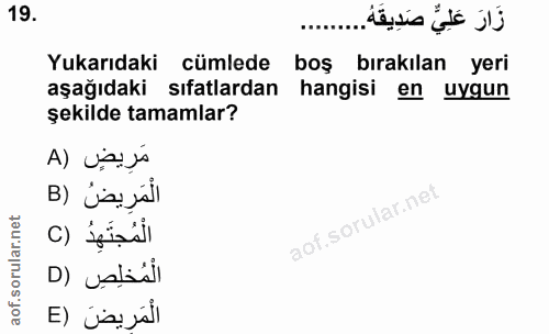 19. soru: Yukarıdaki cümlede boş bırakılan yeri aşağıdaki sıfatlardan hangisi en uygun şekilde tamamlar? A) VA is الْمَرِيضُ (B…