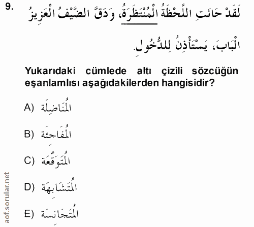 9. soru: لَقَدْ حَانَتِ اللَّحْظَةُ الْمُنْتَظَرَةُ، وَدَقَّ الضَّيْفُ الْعَزِيزُ الْبَابَ، يَسْتَأْذِنُ لِلدُّخُول. Yukarıdak…