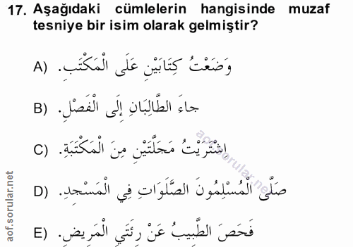 17. soru: Aşağıdaki cümlelerin hangisinde muzaf tesniye bir isim olarak gelmiştir? وَضَعْتُ كِتَابَيْنِ عَلَى الْمَكْتَبِ. (A ج…