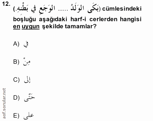 12. soru: 12 (sib g.') cümlesindeki boşluğu aşağıdaki harf-icerlerden hangisi en uygun şekilde tamamlar? A) 3 B) مِنْ C) S! حَت…