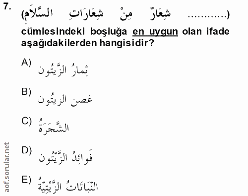 7. soru: شِعَارٌ مِنْ شِعَارَاتِ السَّلاَمِ) cümlesindeki boşluğa en uygun olan ifade aşağıdakilerden hangisidir? A) ثِمارُ ال…