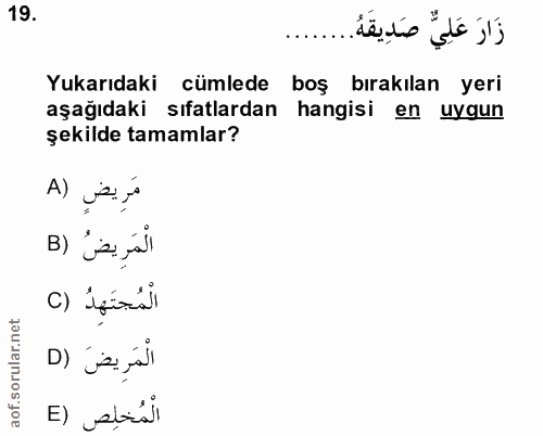 19. soru: زَارَ عَلِيٌّ صَدِيقَهُ Yukarıdaki cümlede boş bırakılan yeri aşağıdaki sıfatlardan hangisi en uygun şekilde tamamlar…