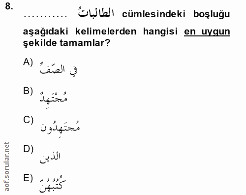 8. soru: Ül cümlesindeki boşluğu aşağıdaki kelimelerden hangisi en uygun şekilde tamamlar? في الصّف" (A B) مُجْتَهدٌ C) مُجتَه…