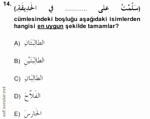14. soru: الحَدِيقَةِ.) ¿islin) 3 cümlesindeki boşluğu aşağıdaki isimlerden hangisi en uygun şekilde tamamlar? الطالِبَتَان (A…