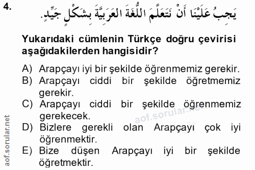 4. soru: يَجِبُ عَلَيْنَا أَنْ تَتَعَلَّمَ اللُّغَةَ العَرَبِيَّةَ بِشَكْلٍ جَيّدٍ. Yukarıdaki cümlenin Türkçe doğru çevirisi…