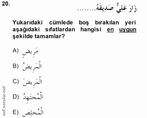20. soru: زَارَ عَلِيٌّ صَدِيقَهُ Yukarıdaki cümlede boş bırakılan yeri aşağıdaki sıfatlardan hangisi en uygun şekilde tamamlar…