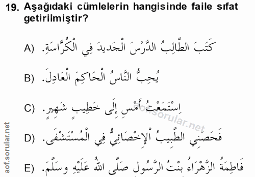 19. soru: Aşağıdaki cümlelerin hangisinde faile sıfat getirilmiştir? كَتَبَ الطَّالِبُ الدَّرْسَ الْجَديدَ فِي الْكُرَّاسَةِ. (…