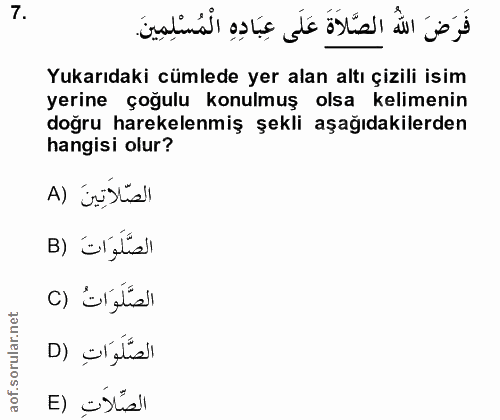 7. soru: فَرَضَ الله الصَّلاةَ عَلَى عِبَادِهِ الْمُسْلِمِينَ. Yukarıdaki cümlede yer alan altı çizili isim yerine çoğulu konu…