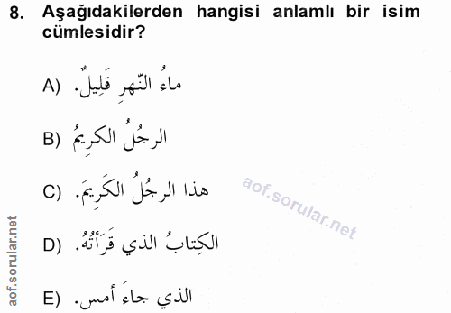 8. soru: Aşağıdakilerden hangisi anlamlı bir isim cümlesidir? ماءُ النّهرِ قَلِيلٌ. (A الرجُلُ الكرِيمُ (B هذا الرجُلُ الكَرِي…