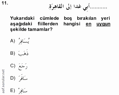 11. soru: Yukarıdaki cümlede boş bırakılan yeri aşağıdaki fiillerden hangisi en uygun şekilde tamamlar? A) "Ilin! B) iss C) éx,…