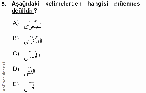 5. soru: Aşağıdaki kelimelerden hangisi müennes değildir? A) لصُّغْرَى B) الذِّكْرَى الحُسنى (c) D) الفَتى E) الحُبْلَى