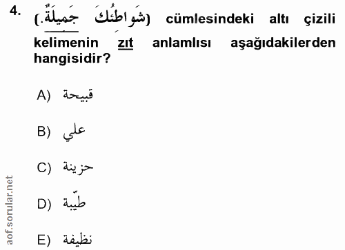 4. soru: (.alsa "Slibl gis) cümlesindeki altı çizili kelimenin zIt anlamlısı aşağıdakilerden hangisidir? قبيحة (A B) ște C) di…