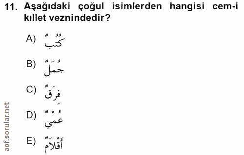 11. soru: Aşağıdaki çoğul isimlerden hangisi cem-i kıllet veznindedir? A) B) C) çac E)
