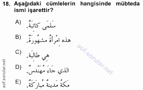 18. soru: Aşağıdaki cümlelerin hangisinde mübteda ismi işarettir? A) Tit cale B) هذه امْرأةٌ مشهُورَةٌ. C) هِي طالِبَة. D) * ال…