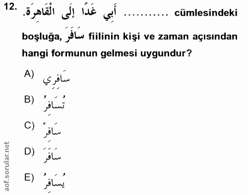 12. soru: غَدًا إلَى الْقَاهِرَة. .12 cümlesindeki boşluğa, ilu fiilinin kişi ve zaman açısından hangi formunun gelmesi uygundu…