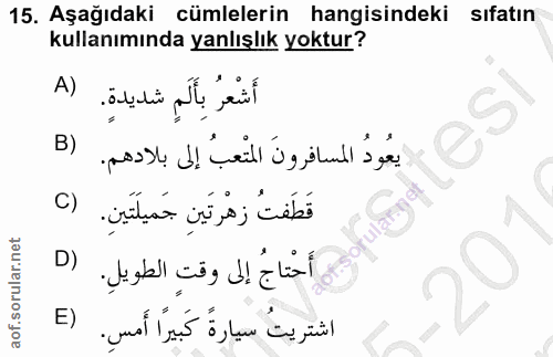 15. soru: Aşağıdaki cümlelerin hangisindeki sıfatın kullanımında yanlışlık yoktur? A) أَشْعَرُ بِأَلَمِ شديدةٍ. B) يعُودُ المسا…