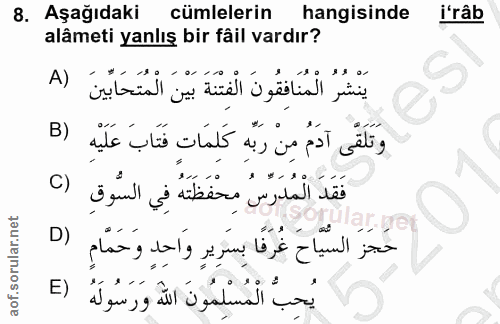 8. soru: Aşağıdaki cümlelerin hangisinde i'râb alâmeti yanlış bir fâil vardır? A) يَنْشُرُ الْمُنَافِقُونَ الْفِتْنَةَ بَيْنَ…