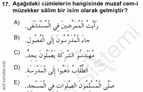 17. soru: Aşağıdaki cümlelerin hangisinde muzaf cem-i müzekker sâlim bir isim olarak gelmiştir? رَأَيْتُ الْمُمَرِّضِينَ فِي ال…