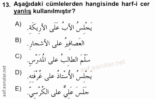 13. soru: Aşağıdaki cümlelerden hangisinde harf-i cer yanlış kullanılmıştır? يَجْلِسُ الأبُ عَلَى الأَرِيكَةِ. (A B) العَصافِير…